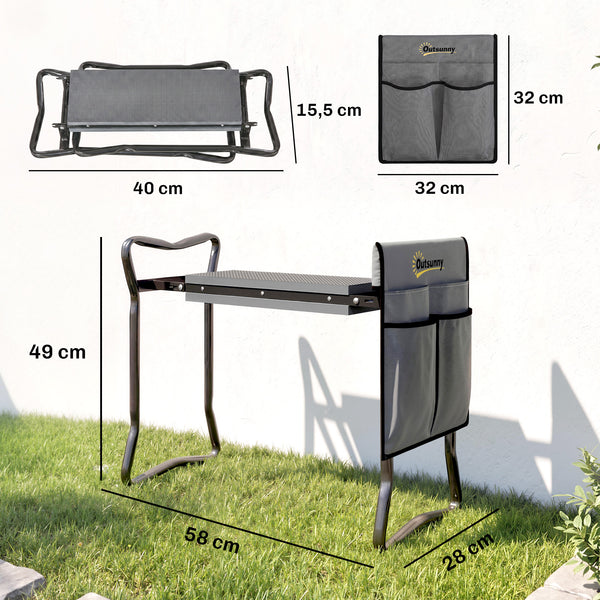 Tabouret de Jardin Pliable 2 en 1 - Agenouilloir de Jardin en Acier, Robuste, Coussin en Mousse EVA, 4 Poches à Outils Amovible - Cadeau pour Personnes Âgées, Charge 150kg, Gris
