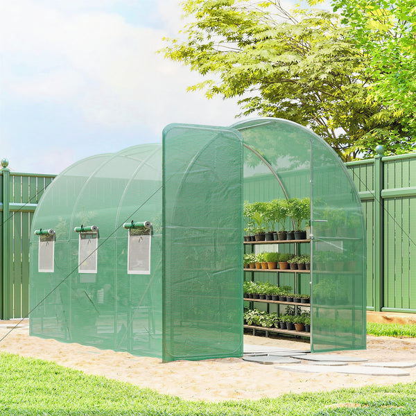 Serre tunnel de jardin 6m², serre de jardin tunnel 200x300x200cm avec cadre en acier galvanisé, porte et 6 fenêtres, pour extérieur, toutes saisons, bâche PE haute densité 140 g/m² vert