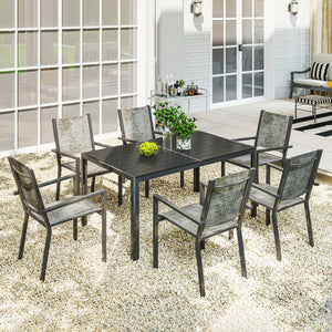 Salon de jardin extérieur 7 pièces, table de jardin extérieure avec 6 chaises empilables, plateau à lattes 150 cm, structure en acier anti-rouille, mobilier de jardin, terrasse, patio, noir