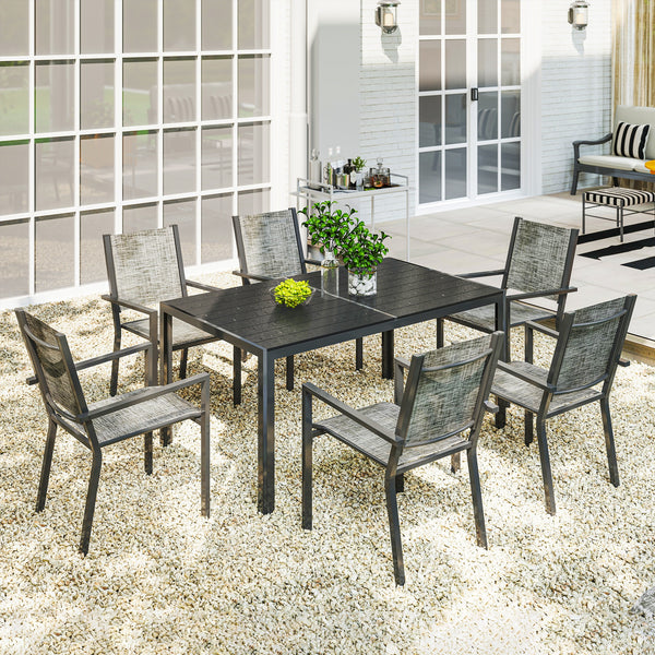 Salon de jardin extérieur 7 pièces, table de jardin extérieure avec 6 chaises empilables, plateau à lattes 150 cm, structure en acier anti-rouille, mobilier de jardin, terrasse, patio, noir