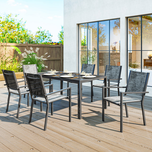 Salon de jardin extérieur 7 pièces, table de jardin extérieure avec 6 chaises empilables, plateau à lattes 150 cm, structure en acier anti-rouille, mobilier de jardin, terrasse, patio, noir