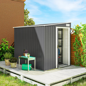 Abri de jardin en métal 2,81 m² avec fondation, abri à outils extérieur adossé en acier galvanisé, toit en pente, cabane de jardin avec 2 étagères ajustables, 154x206,5x181cm, gris