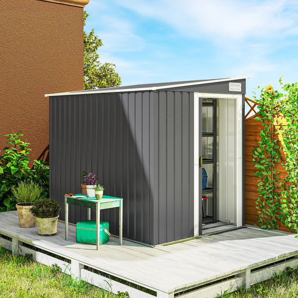 Abri de jardin en métal 2,81 m² avec fondation, abri à outils extérieur adossé en acier galvanisé, toit en pente, cabane de jardin avec 2 étagères ajustables, 154x206,5x181cm, gris