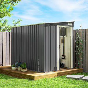 Abri de jardin en métal 2,81 m² avec fondation, abri à outils extérieur adossé en acier galvanisé, toit en pente, cabane de jardin avec 2 étagères ajustables, 154x206,5x181cm, gris