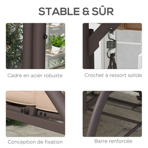 Balancelle de jardin convertible 3 places grand confort avec coussins toit réglable dim. 197L x 120l x 180H cm métal polyester kaki