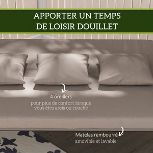 Balancelle de jardin 3 places, balancelle jardin extérieure convertible, toit inclinaison réglable, coussin assise et dossier, 4 oreillers, grand confort, 218 x 120 x 168 cm, marron clair