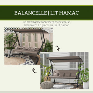 Balancelle de jardin 3 places, balancelle jardin extérieure convertible, toit inclinaison réglable, coussin assise et dossier, 4 oreillers, grand confort, 218 x 120 x 168 cm, marron clair