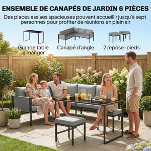 Salon de Jardin 6 Pièces Canapé d'Angle Extérieur - Ensemble Meuble de Jardin avec Coussins 10cm, Table Haute et 2 Repose-pieds - Mobilier de Terrasse 7 Personnes Acier et Textilène, Gris