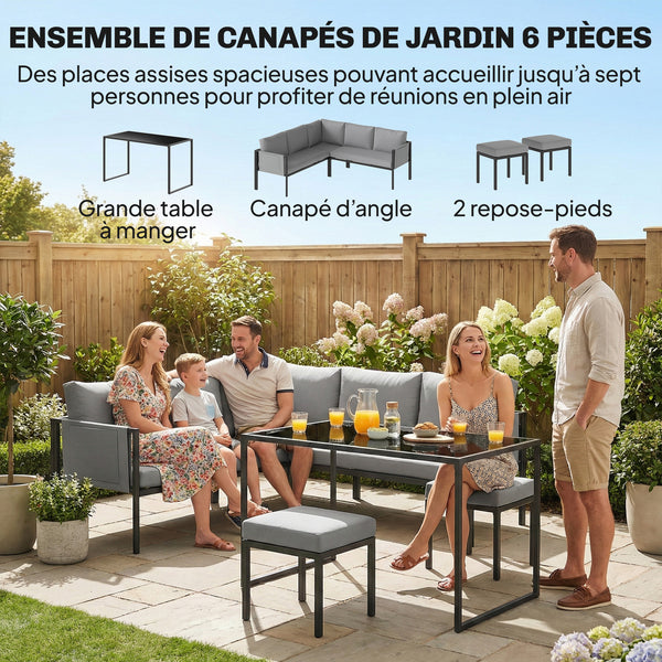 Salon de Jardin 6 Pièces Canapé d'Angle Extérieur - Ensemble Meuble de Jardin avec Coussins 10cm, Table Haute et 2 Repose-pieds - Mobilier de Terrasse 7 Personnes Acier et Textilène, Gris