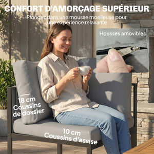 Salon de Jardin 6 Pièces Canapé d'Angle Extérieur - Ensemble Meuble de Jardin avec Coussins 10cm, Table Haute et 2 Repose-pieds - Mobilier de Terrasse 7 Personnes Acier et Textilène, Gris