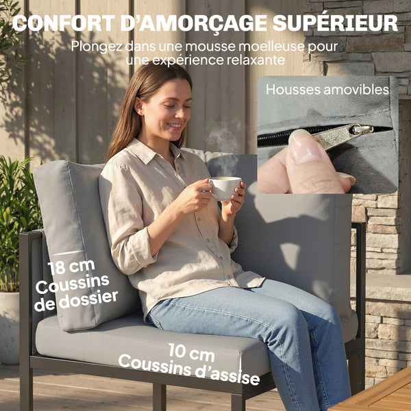 Salon de Jardin 6 Pièces Canapé d'Angle Extérieur - Ensemble Meuble de Jardin avec Coussins 10cm, Table Haute et 2 Repose-pieds - Mobilier de Terrasse 7 Personnes Acier et Textilène, Gris