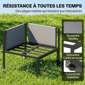 Salon de Jardin 6 Pièces Canapé d'Angle Extérieur - Ensemble Meuble de Jardin avec Coussins 10cm, Table Haute et 2 Repose-pieds - Mobilier de Terrasse 7 Personnes Acier et Textilène, Gris