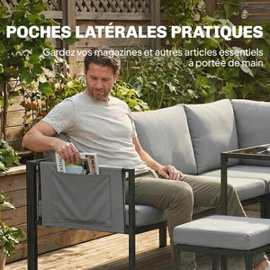 Salon de Jardin 6 Pièces Canapé d'Angle Extérieur - Ensemble Meuble de Jardin avec Coussins 10cm, Table Haute et 2 Repose-pieds - Mobilier de Terrasse 7 Personnes Acier et Textilène, Gris
