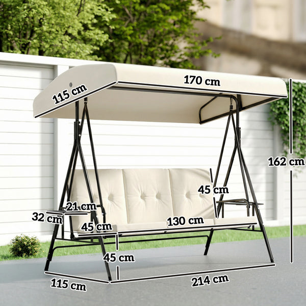 Balancelle de jardin 3 places grand confort inclinaison toit réglable, 2 tablettes latérales, coussins, acier polyester crème