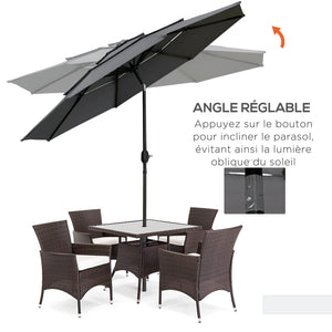 Parasol de jardin extérieur parasol inclinable rond Ø 2,85 x 2,5 m avec ouverture fermeture manivelle, 2 évents, toile 180 g/m² protection Anti-UV, parasol pour balcon, terrasse, gris