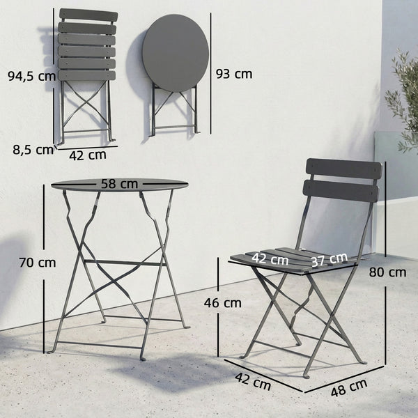 Ensemble de Bistrot Jardin 3 Pièces - Table et 2 Chaises Pliantes en Métal avec Double Protection Anti-Rouille - Petit Salon de Balcon Design pour Terrasse et Extérieur, Gris Anthracite