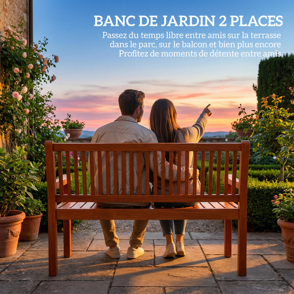 Banc de Jardin 2 Places, Banc Extérieur en Bois avec Housse Imperméable, Siège de Jardin avec Dossier Ergonomique, Mobilier pour Terrasse, Balcon, Porch, Marron Clair