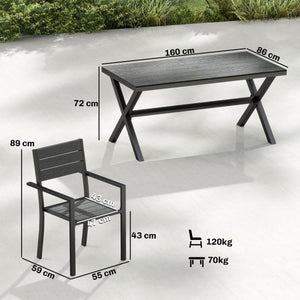 Salon de Jardin 7 Pièces, Ensemble Table et Chaises en Aluminium pour 6, Table Extérieure avec Lattes Effet Bois et Chaises Empilables, Gris