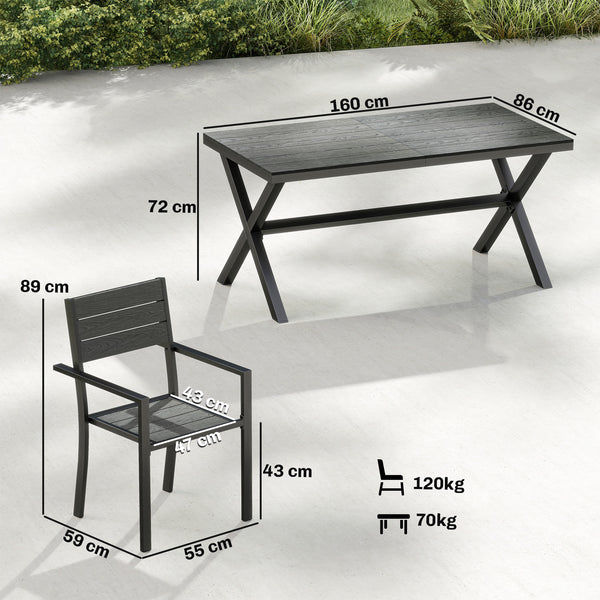 Salon de Jardin 7 Pièces, Ensemble Table et Chaises en Aluminium pour 6, Table Extérieure avec Lattes Effet Bois et Chaises Empilables, Gris