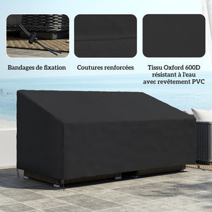 Housse de canapé exterieur imperméable 3 places, housse de banc de jardin 600D tissu oxford, bache de canapé extérieur pour balcon, terrasse, 218 x 111 x 63/101 cm, noir
