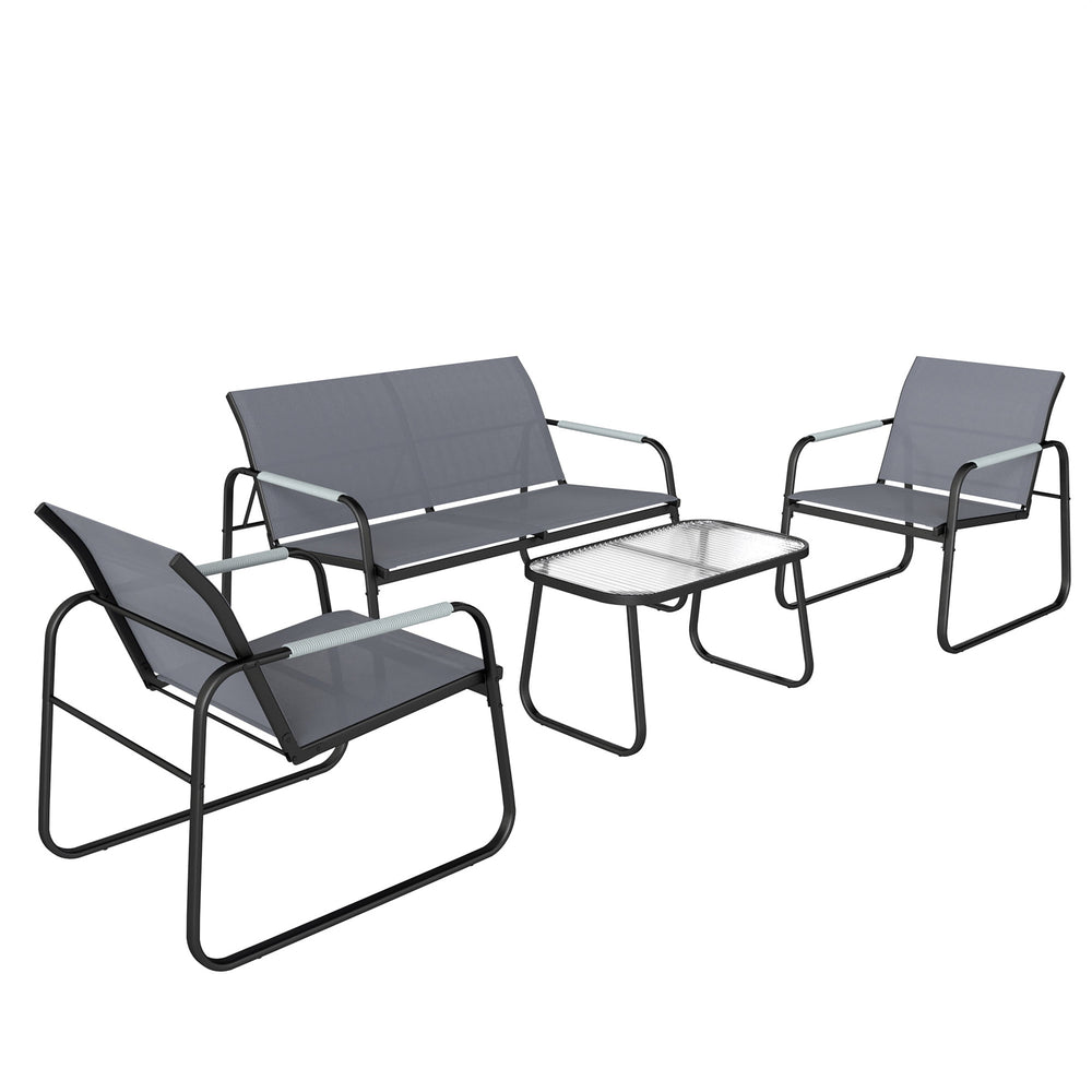 Salon de Jardin 4 Pièces en Acier et Textilène - Ensemble de Terrasse avec Accoudoirs Corde Tressée, Canapé 2 Places, 2 Fauteuils et Table Basse en Verre Trempé Cannelé pour Balcon, Gris