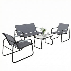 Salon de Jardin 4 Pièces en Acier et Textilène - Ensemble de Terrasse avec Accoudoirs Corde Tressée, Canapé 2 Places, 2 Fauteuils et Table Basse en Verre Trempé Cannelé pour Balcon, Gris