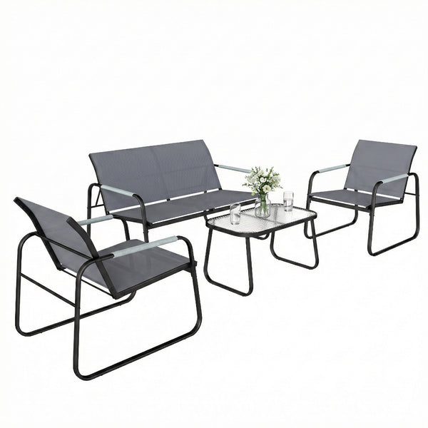 Salon de Jardin 4 Pièces en Acier et Textilène - Ensemble de Terrasse avec Accoudoirs Corde Tressée, Canapé 2 Places, 2 Fauteuils et Table Basse en Verre Trempé Cannelé pour Balcon, Gris