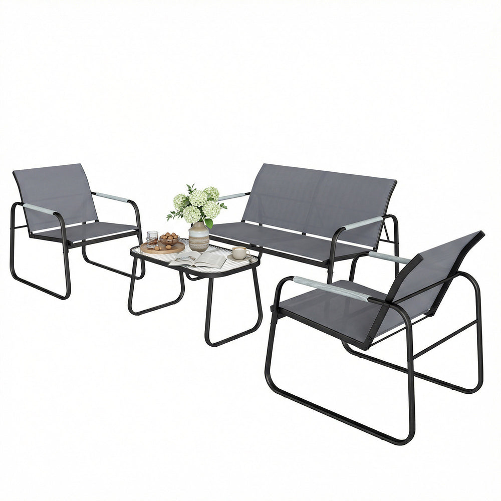 Salon de Jardin 4 Pièces en Acier et Textilène - Ensemble de Terrasse avec Accoudoirs Corde Tressée, Canapé 2 Places, 2 Fauteuils et Table Basse en Verre Trempé Cannelé pour Balcon, Gris