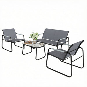 Salon de Jardin 4 Pièces en Acier et Textilène - Ensemble de Terrasse avec Accoudoirs Corde Tressée, Canapé 2 Places, 2 Fauteuils et Table Basse en Verre Trempé Cannelé pour Balcon, Gris