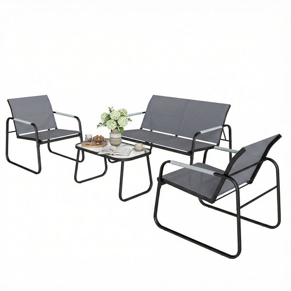 Salon de Jardin 4 Pièces en Acier et Textilène - Ensemble de Terrasse avec Accoudoirs Corde Tressée, Canapé 2 Places, 2 Fauteuils et Table Basse en Verre Trempé Cannelé pour Balcon, Gris