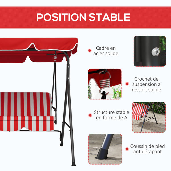 Balancelle de Jardin 3 Places Toit Inclinaison réglable Coussins Assise et Dossier 1,72L x 1,1l x 1,53H m Acier Noir Polyester Rouge
