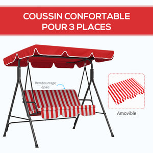 Balancelle de Jardin 3 Places Toit Inclinaison réglable Coussins Assise et Dossier 1,72L x 1,1l x 1,53H m Acier Noir Polyester Rouge