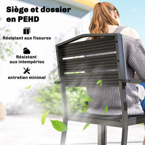 - Ensemble de 4 chaises de jardin empilables, avec assise et dossier en HDPE à lattes, accoudoirs et structure en métal, pour terrasse ou balcon, noir