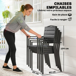 - Ensemble de 4 chaises de jardin empilables, avec assise et dossier en HDPE à lattes, accoudoirs et structure en métal, pour terrasse ou balcon, noir