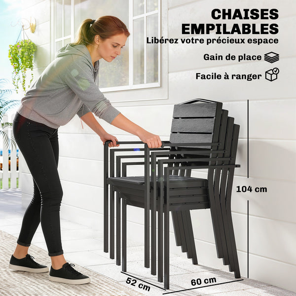 - Ensemble de 4 chaises de jardin empilables, avec assise et dossier en HDPE à lattes, accoudoirs et structure en métal, pour terrasse ou balcon, noir
