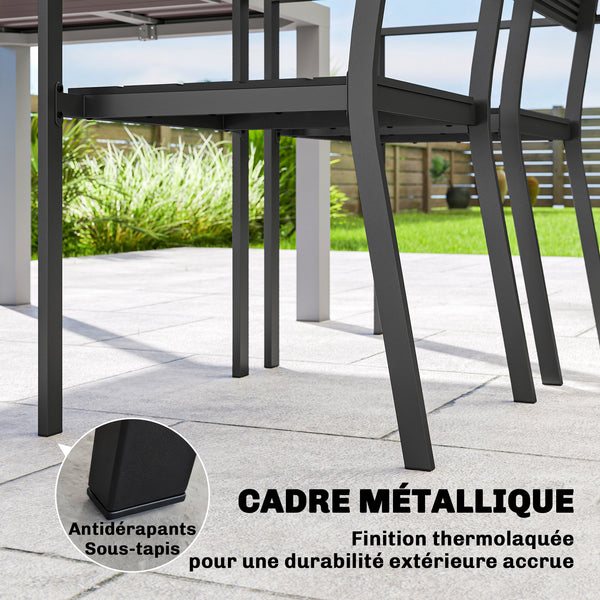 - Ensemble de 4 chaises de jardin empilables, avec assise et dossier en HDPE à lattes, accoudoirs et structure en métal, pour terrasse ou balcon, noir