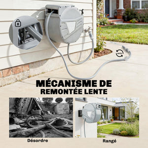 Enrouleur Tuyau Arrosage Mural 30+2 m Pivotant à 180°, Dévidoir de Tuyaux d'Eau, Buse 2 Modes, Rembobinage Auto et Progressif avec Verrou, Adaptateurs, pour Jardin, Lavage de Voiture, Gris