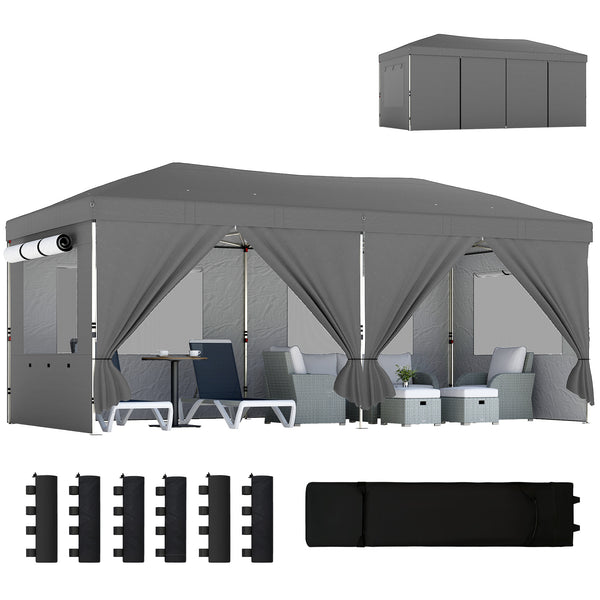 Tonnelle de jardin 3 x 6 m pop up tente pliante réglable en hauteur protection UV50+ tonnelle pliante avec 6 parois latérales 6 sacs de sable sac de transport à roulettes montage facile gris