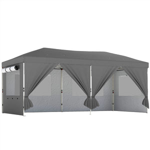 Tonnelle de jardin 3 x 6 m pop up tente pliante réglable en hauteur protection UV50+ tonnelle pliante avec 6 parois latérales 6 sacs de sable sac de transport à roulettes montage facile gris