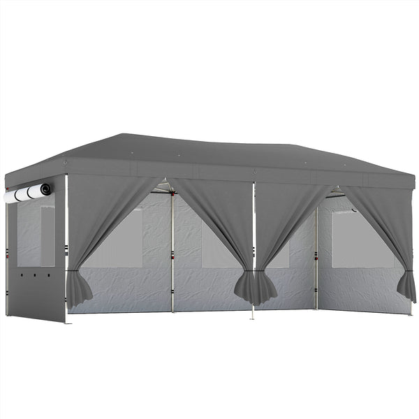 Tonnelle de jardin 3 x 6 m pop up tente pliante réglable en hauteur protection UV50+ tonnelle pliante avec 6 parois latérales 6 sacs de sable sac de transport à roulettes montage facile gris