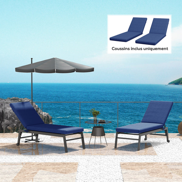 Lot de 2 Matelas pour Chaise Longue transat Bain de Soleil avec Sangles d'attache pour Jardin dim. 190,5L x 58,4l x 7H cm Bleu
