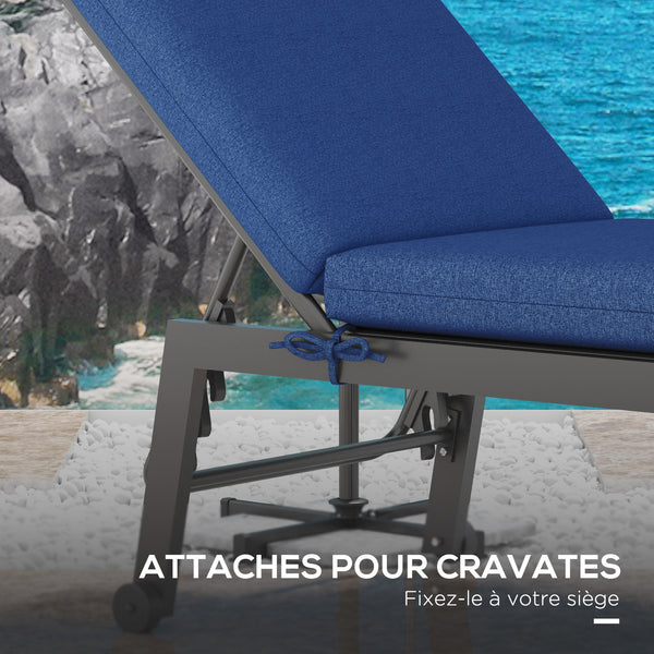 Lot de 2 Matelas pour Chaise Longue transat Bain de Soleil avec Sangles d'attache pour Jardin dim. 190,5L x 58,4l x 7H cm Bleu