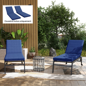 Lot de 2 Matelas pour Chaise Longue transat Bain de Soleil avec Sangles d'attache pour Jardin dim. 190,5L x 58,4l x 7H cm Bleu