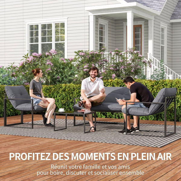 Salon de jardin extérieur 4 pièces avec coussins ultra-épais 15cm - ensemble mobilier de jardin et salon bas pour terrasse - canapé 2 places avec table basse et 2 fauteuils, cadre acier noir