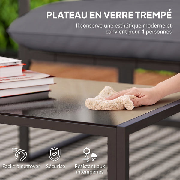 Salon de jardin extérieur 4 pièces avec coussins ultra-épais 15cm - ensemble mobilier de jardin et salon bas pour terrasse - canapé 2 places avec table basse et 2 fauteuils, cadre acier noir
