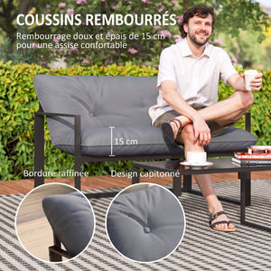 Salon de jardin extérieur 4 pièces avec coussins ultra-épais 15cm - ensemble mobilier de jardin et salon bas pour terrasse - canapé 2 places avec table basse et 2 fauteuils, cadre acier noir