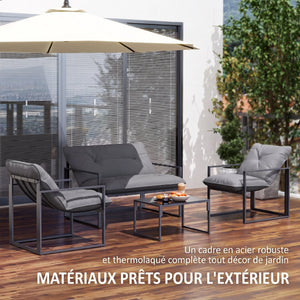 Salon de jardin extérieur 4 pièces avec coussins ultra-épais 15cm - ensemble mobilier de jardin et salon bas pour terrasse - canapé 2 places avec table basse et 2 fauteuils, cadre acier noir
