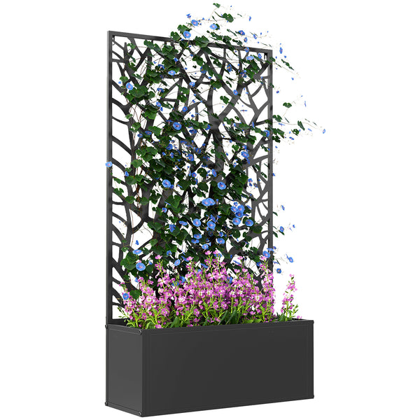Jardinière avec treillis à motif arbres, bac à fleurs, lit surélevé, pour plantes grimpantes, légumes, fleurs, en métal, intérieur et extérieur, cour, jardin, balcon, 61 x 23 x 113 cm, noir