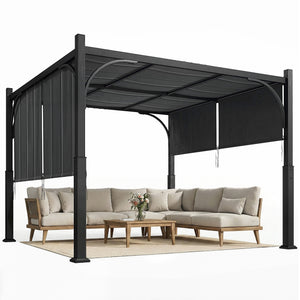 Pergola de jardin 3 x 3 m, tonnelle de jardin avec Auvent coulissant, structure métallique, abri solaire extérieur pour terrasse ou balcon, Gris Foncé