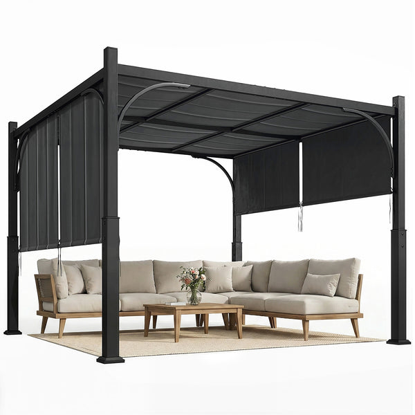 Pergola de jardin 3 x 3 m, tonnelle de jardin avec Auvent coulissant, structure métallique, abri solaire extérieur pour terrasse ou balcon, Gris Foncé